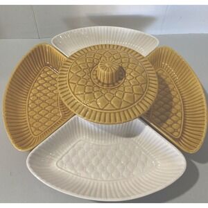 Vintage Mid Century Calif USA L62 Pottery Lazy Susan Chip Dip 7 Piece/wTurntable